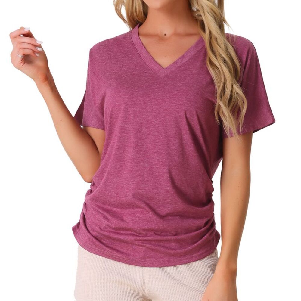 Rayon Sleep T Shirt V Neck Pajamas Top Red